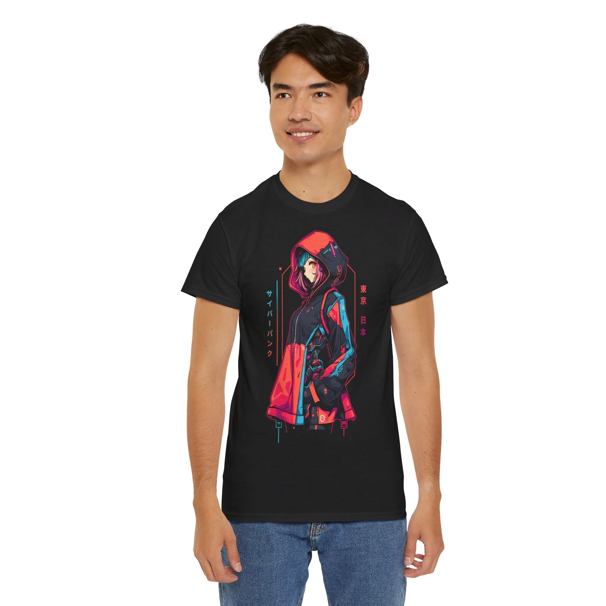 Cyberpunk Anime T-Shirt | Anime Girl mit Kapuzenjacke