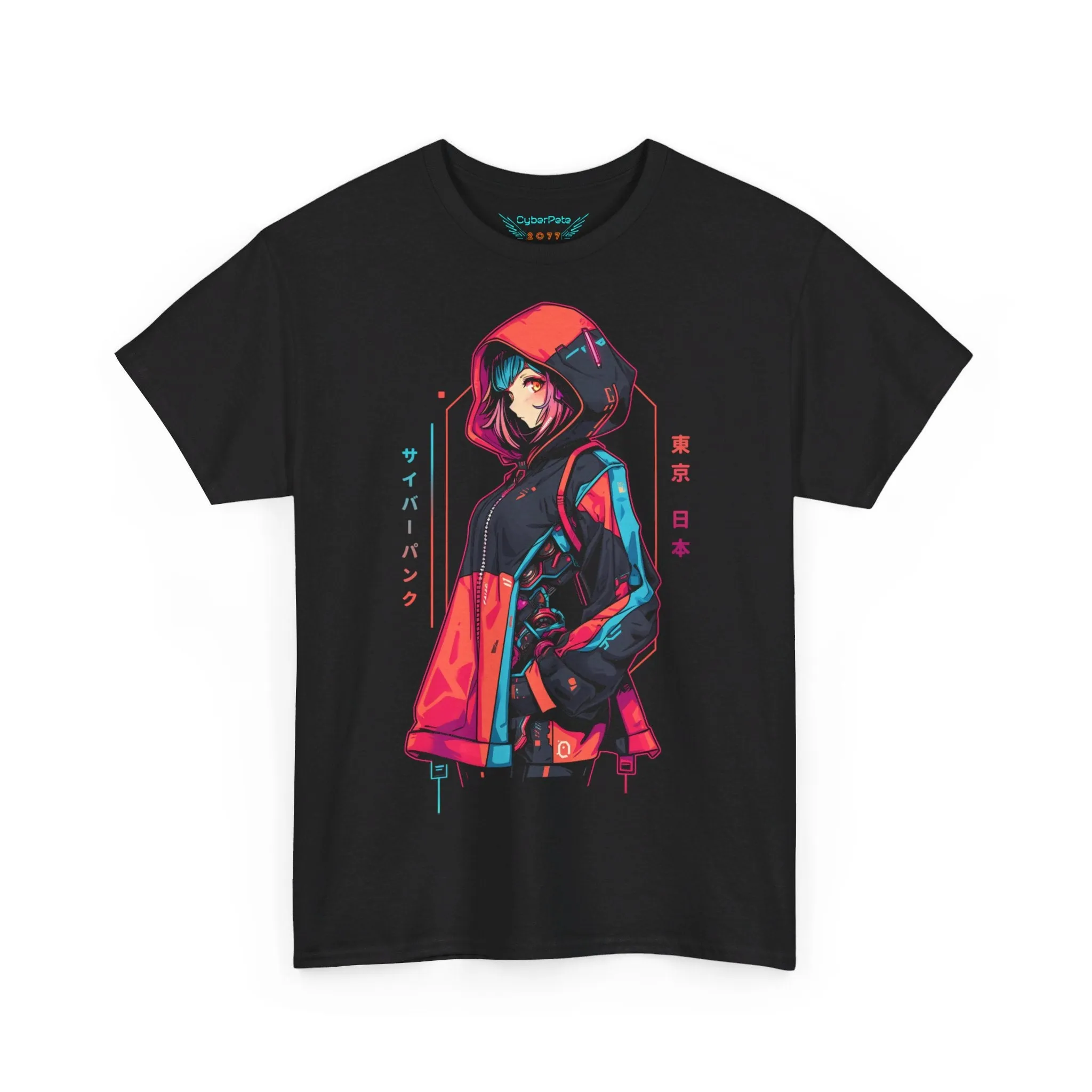 Cyberpunk Anime T-Shirt | Anime Girl mit Kapuzenjacke