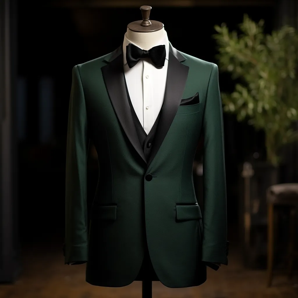 Dark Green Three-Piece Tuxedo Suit with Black Satin Lapels - Perfect for Weddings and Business