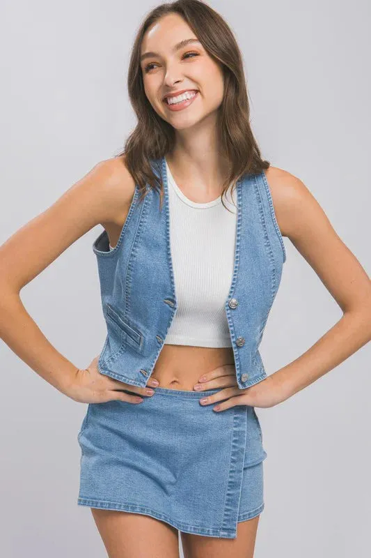 Denim Buttoned Cropped Vest Top