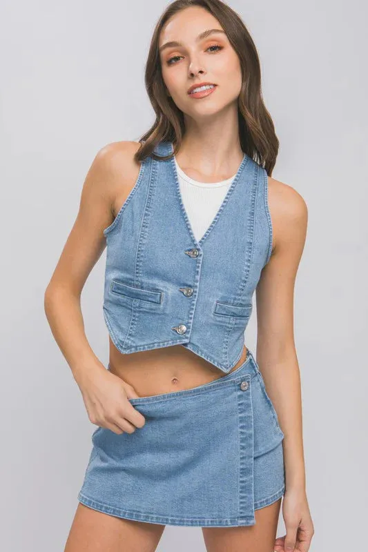 Denim Buttoned Cropped Vest Top