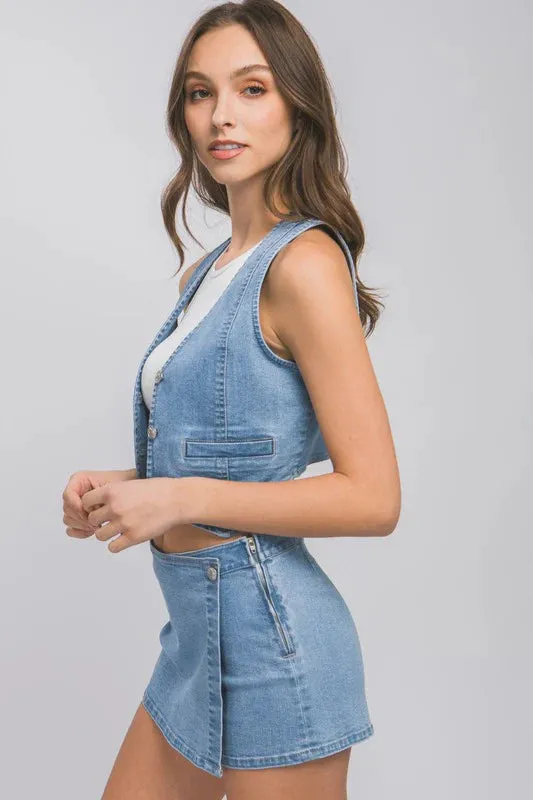 Denim Buttoned Cropped Vest Top