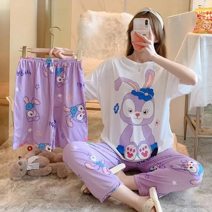 Disney Mickey Minnie Pajamas Women's Summer Three-piece Pajamas Short-sleeved Shorts Trousers X4250046