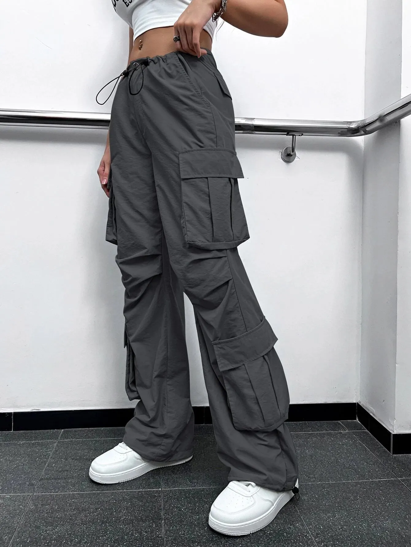 Drawstring High Waist Ruched Parachute Pants