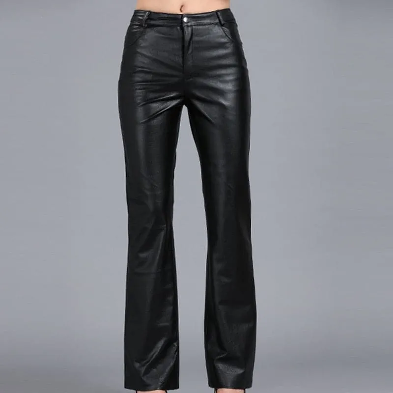 DressBetty - Genuine Leather Pants Autumn Women's Sheepskin Pants Mid Waist Casual Pants Womens Soft Leather Pants Women Flare Trousers