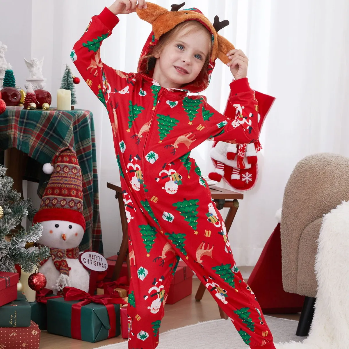 Family Matching Christmas Onesie Pajama Christmas Tree Santa Allover Rudolph Hooded Sleepwear