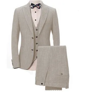 Fashion 3 Piece Men's Suit Flat Linen Peak Lapel (Blazer Vest Pants)