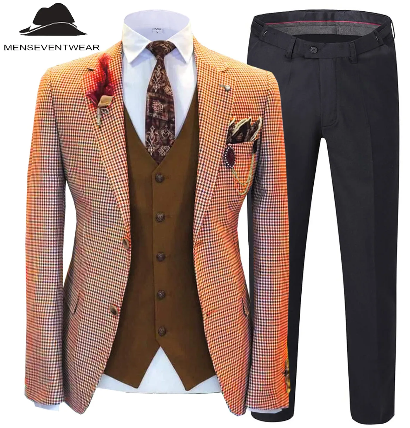 Fashion Men's 3 Pieces Houndstooth Notch Lapel Tuxedos (Blazer vest Pants)