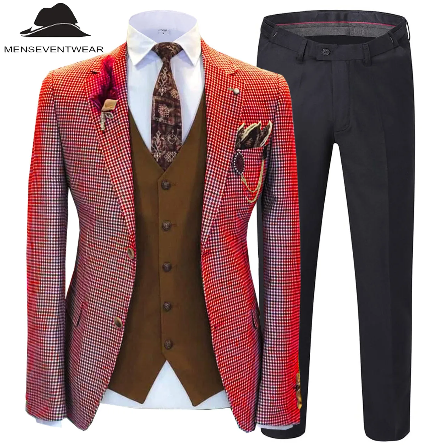 Fashion Men's 3 Pieces Houndstooth Notch Lapel Tuxedos (Blazer vest Pants)