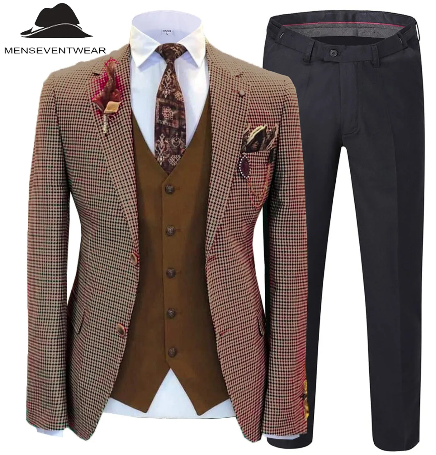 Fashion Men's 3 Pieces Houndstooth Notch Lapel Tuxedos (Blazer vest Pants)