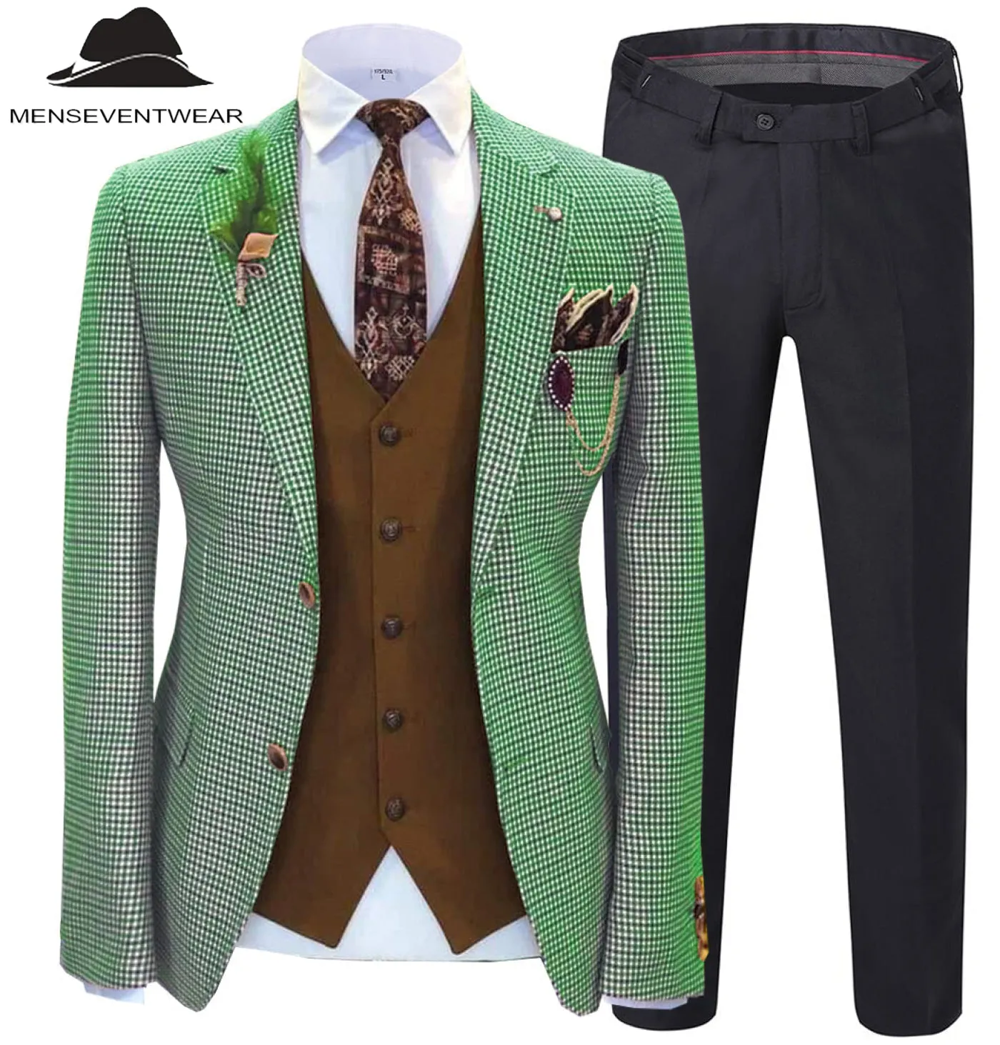 Fashion Men's 3 Pieces Houndstooth Notch Lapel Tuxedos (Blazer vest Pants)