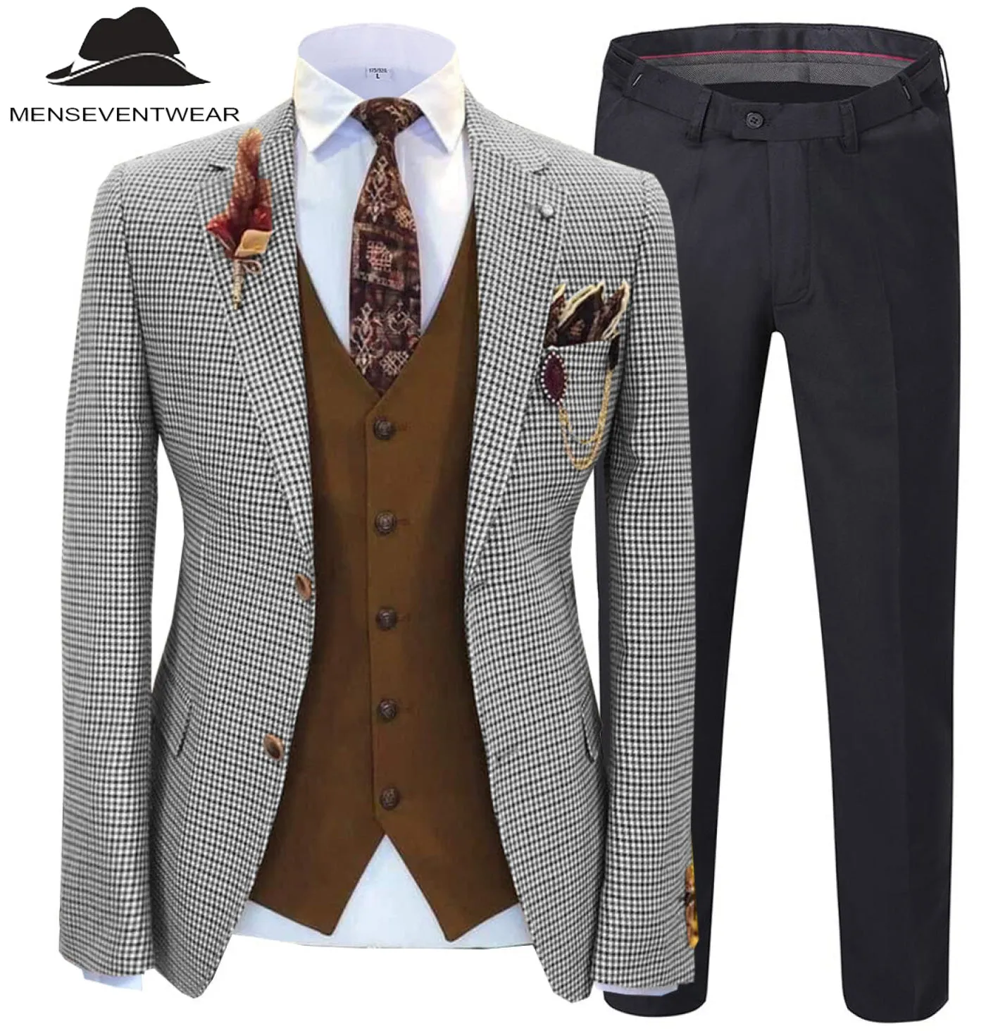 Fashion Men's 3 Pieces Houndstooth Notch Lapel Tuxedos (Blazer vest Pants)