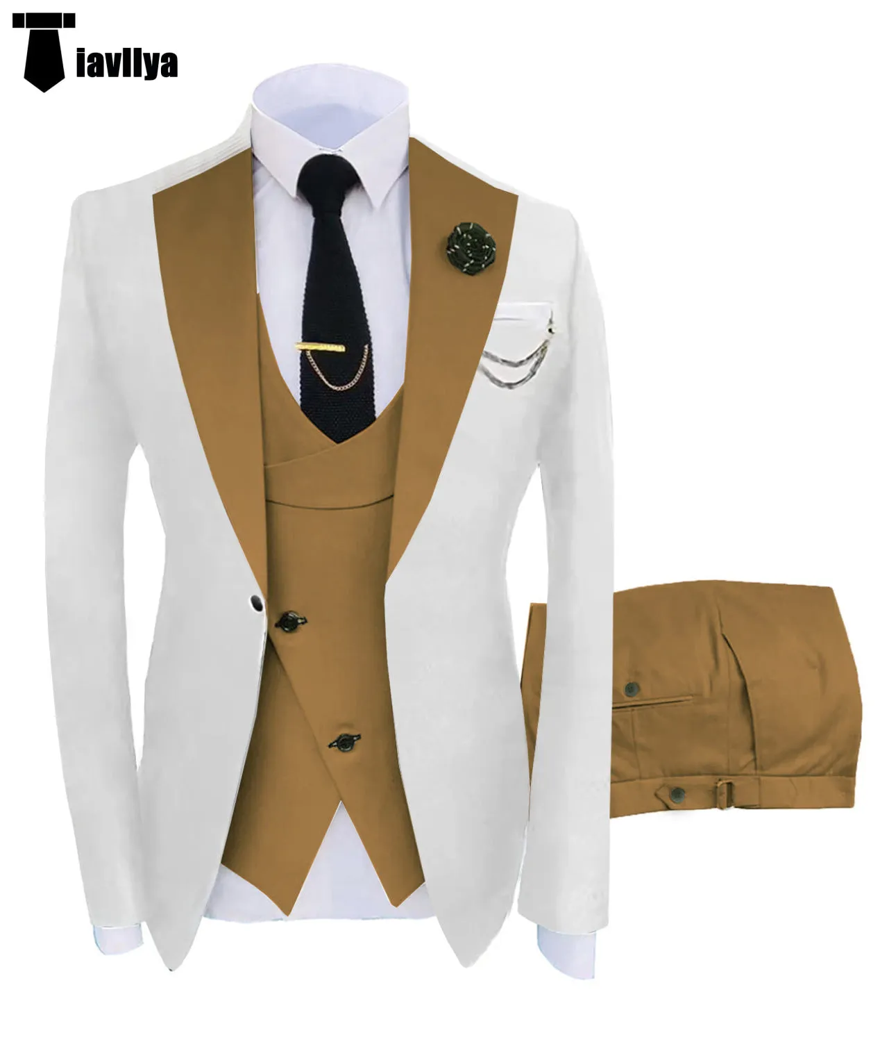 Fashion Men's Suits Slim Fit 3 Pieces Notch Lapel Tuxedos (White Blazer Vest  Pant)