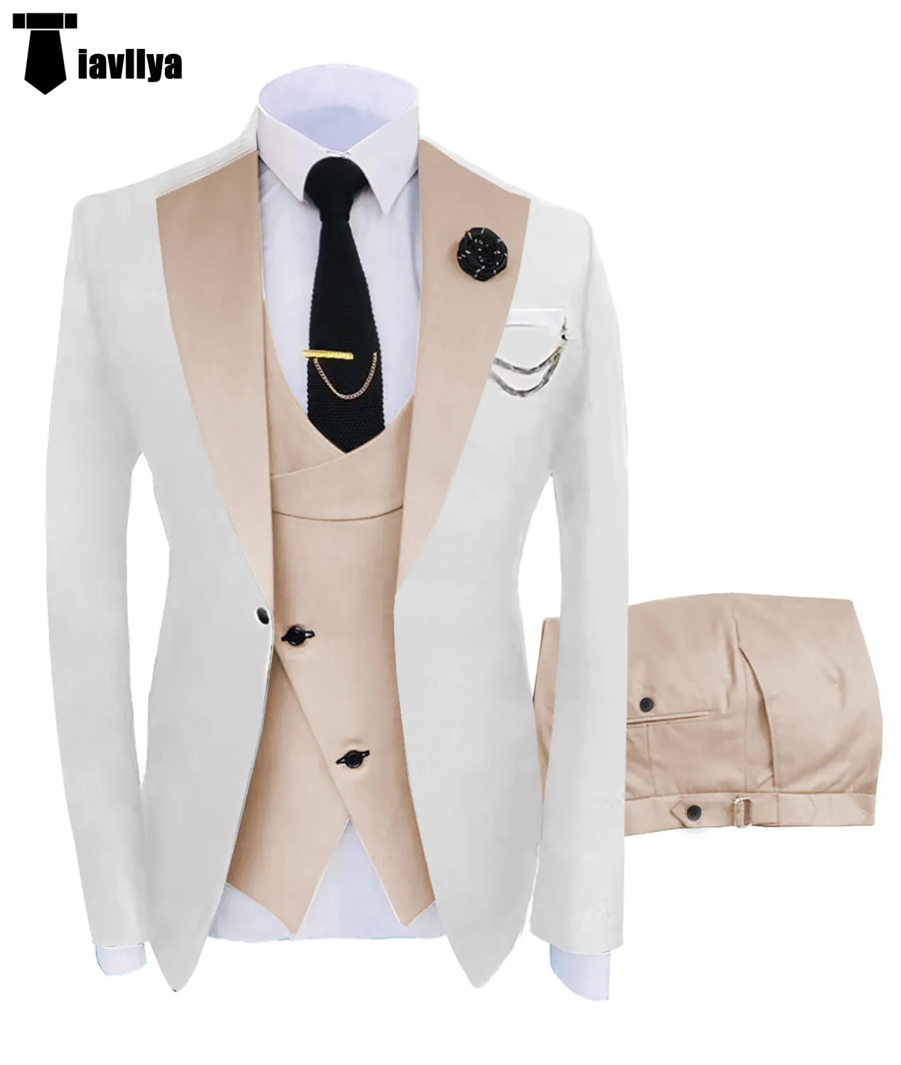 Fashion Men's Suits Slim Fit 3 Pieces Notch Lapel Tuxedos (White Blazer Vest  Pant)