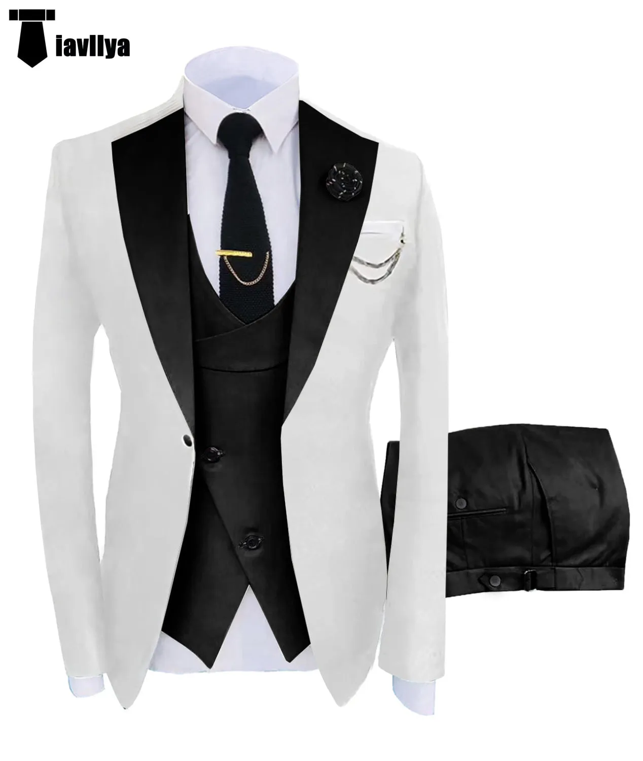 Fashion Men's Suits Slim Fit 3 Pieces Notch Lapel Tuxedos (White Blazer Vest  Pant)