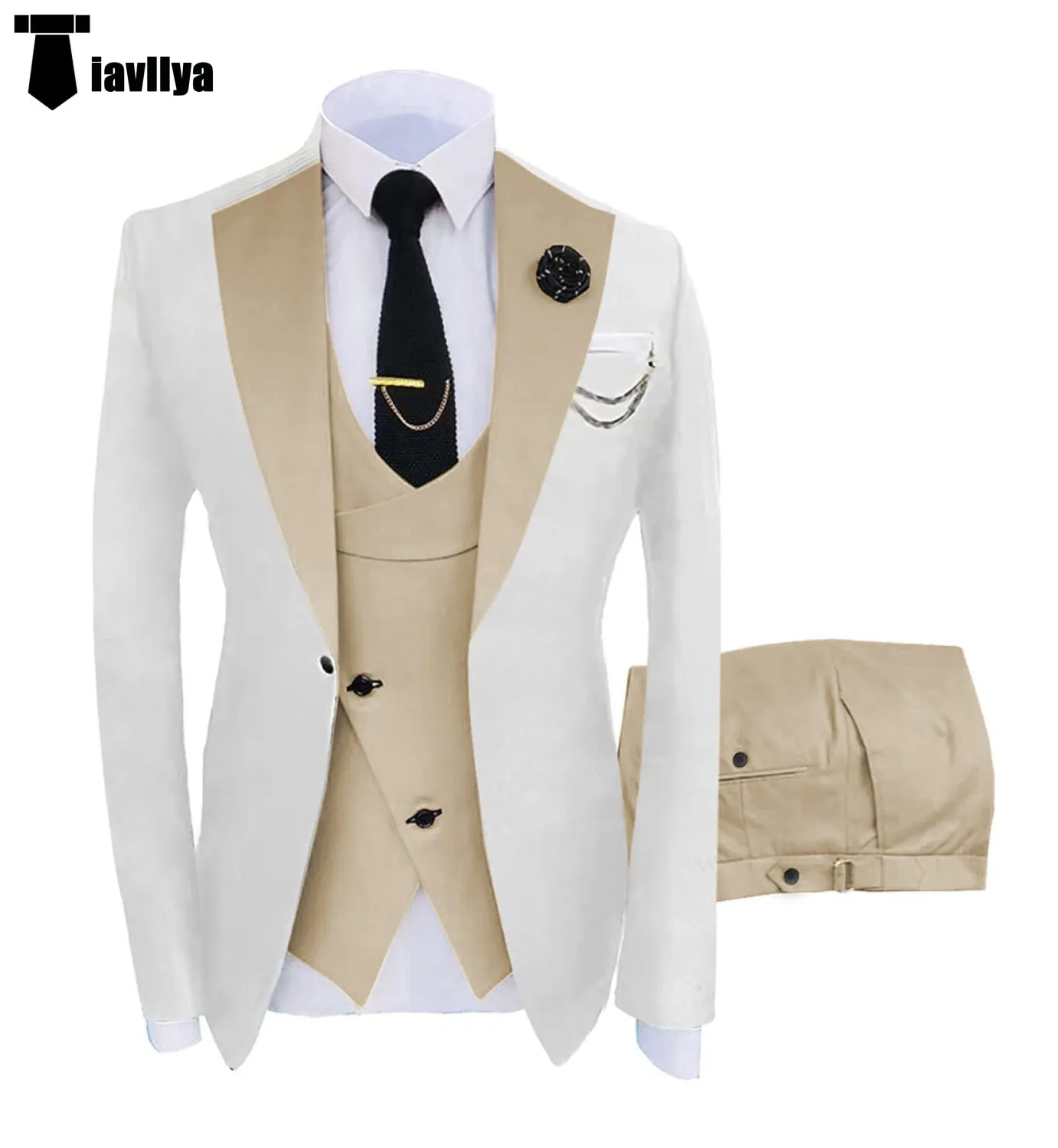 Fashion Men's Suits Slim Fit 3 Pieces Notch Lapel Tuxedos (White Blazer Vest  Pant)