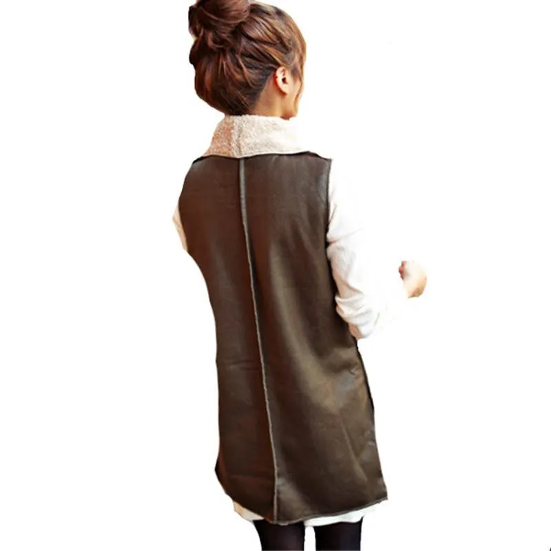 Fashion Women Warm Faux Fur Collar Long Leather Waistcoat Coat Outerwear Vest Casual Jacket