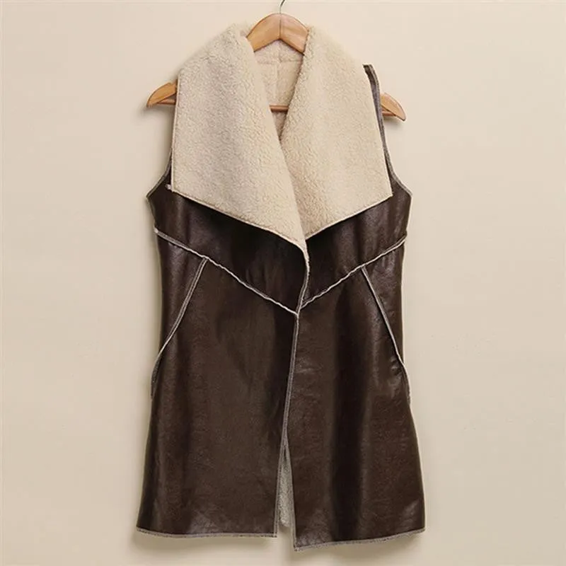 Fashion Women Warm Faux Fur Collar Long Leather Waistcoat Coat Outerwear Vest Casual Jacket