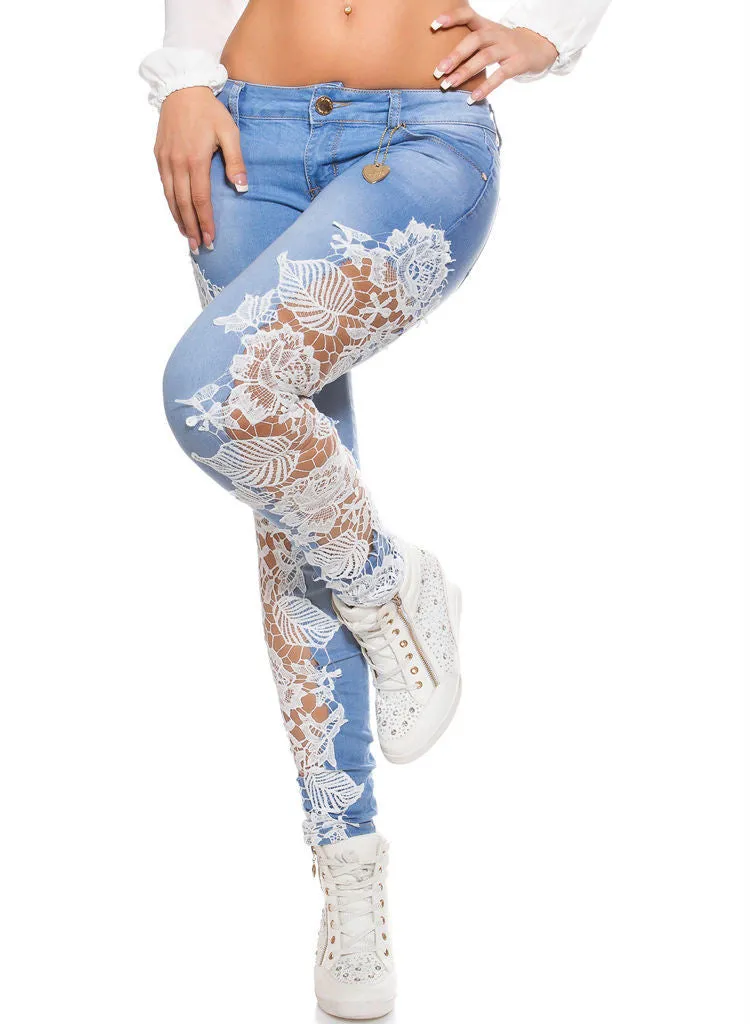 Feminine stylish Light Blue Slim Skinny jeans with lace Inserts