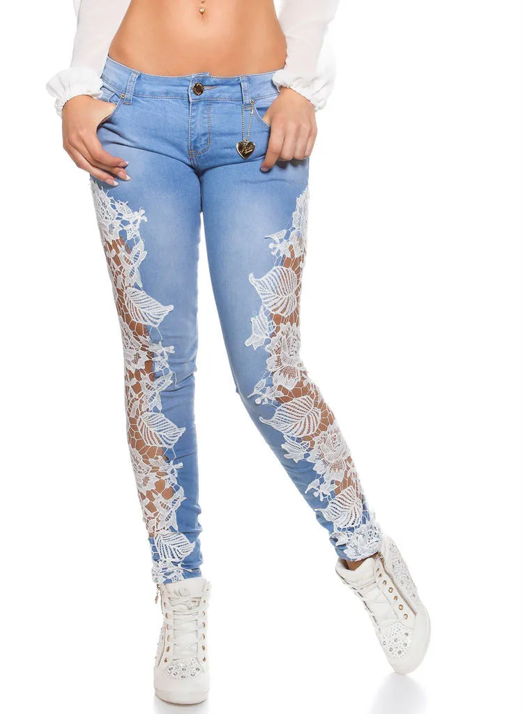 Feminine stylish Light Blue Slim Skinny jeans with lace Inserts