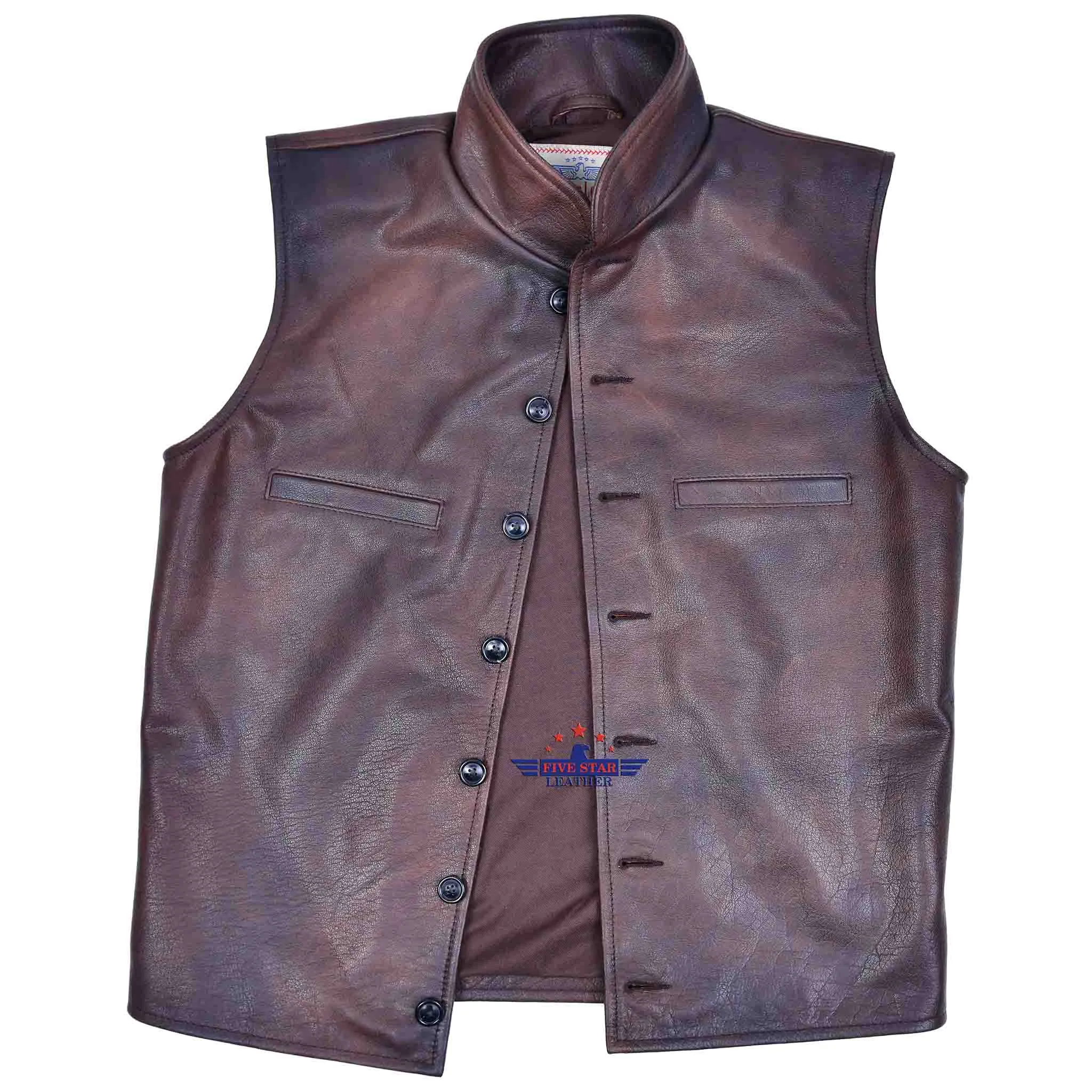 FiveStar Leather Vintage Cossack Style Vest Buffalo Distressed Leather