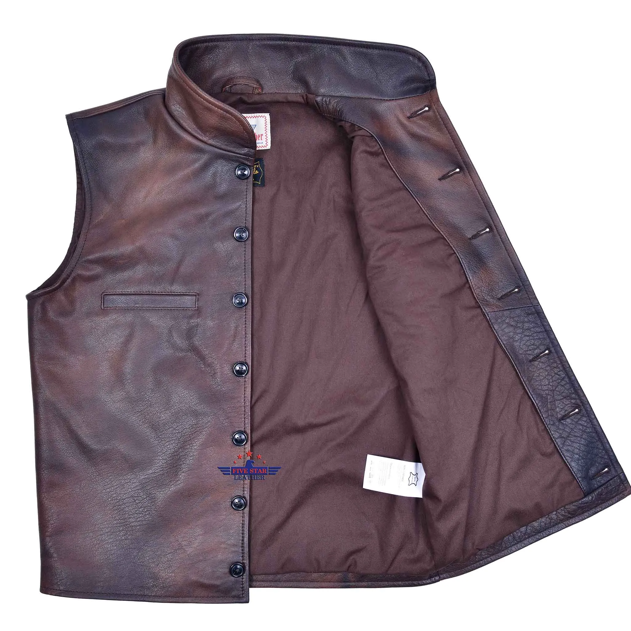 FiveStar Leather Vintage Cossack Style Vest Buffalo Distressed Leather