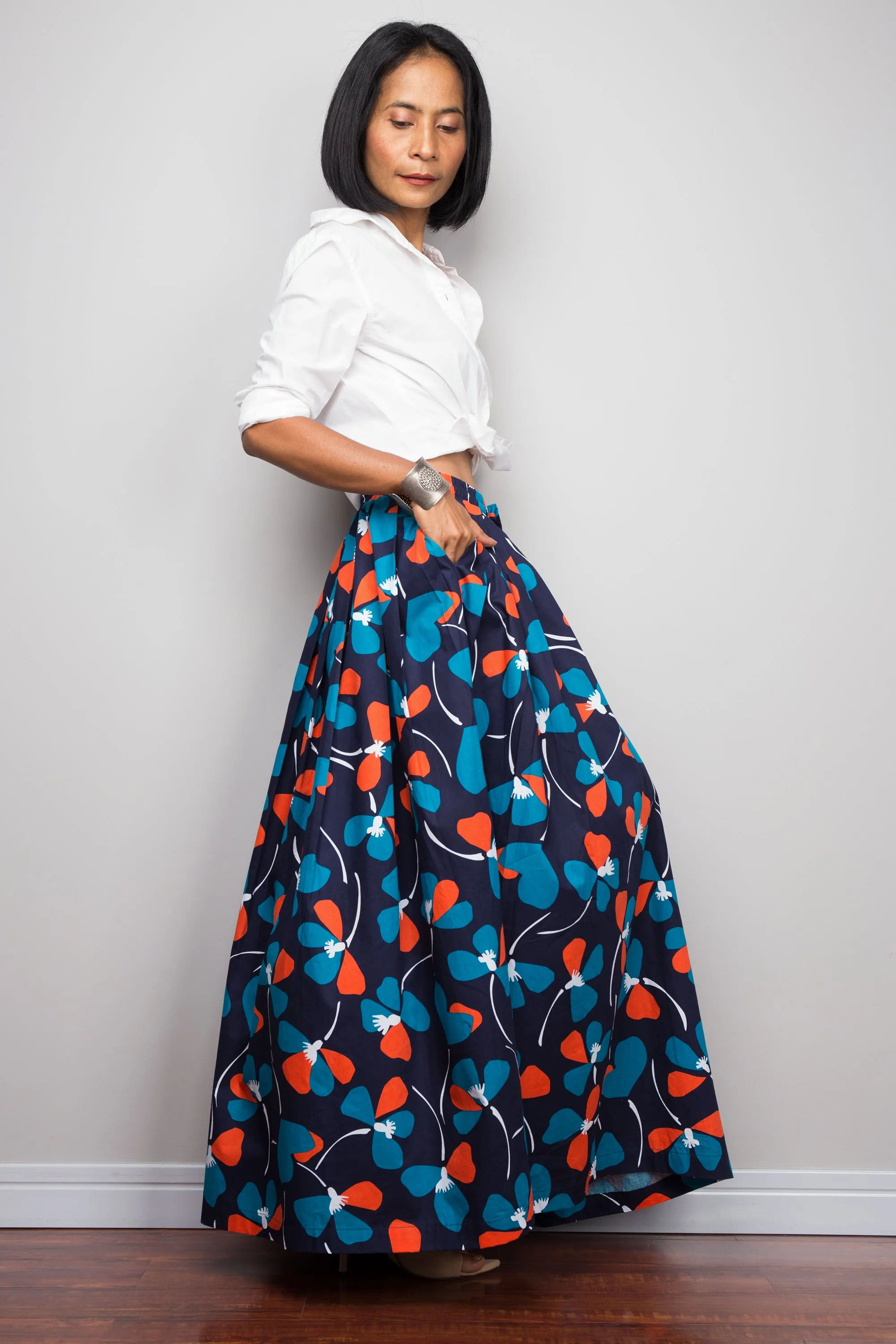 Floral skirt,  Pleated maxi skirt, blue cotton summer skirt