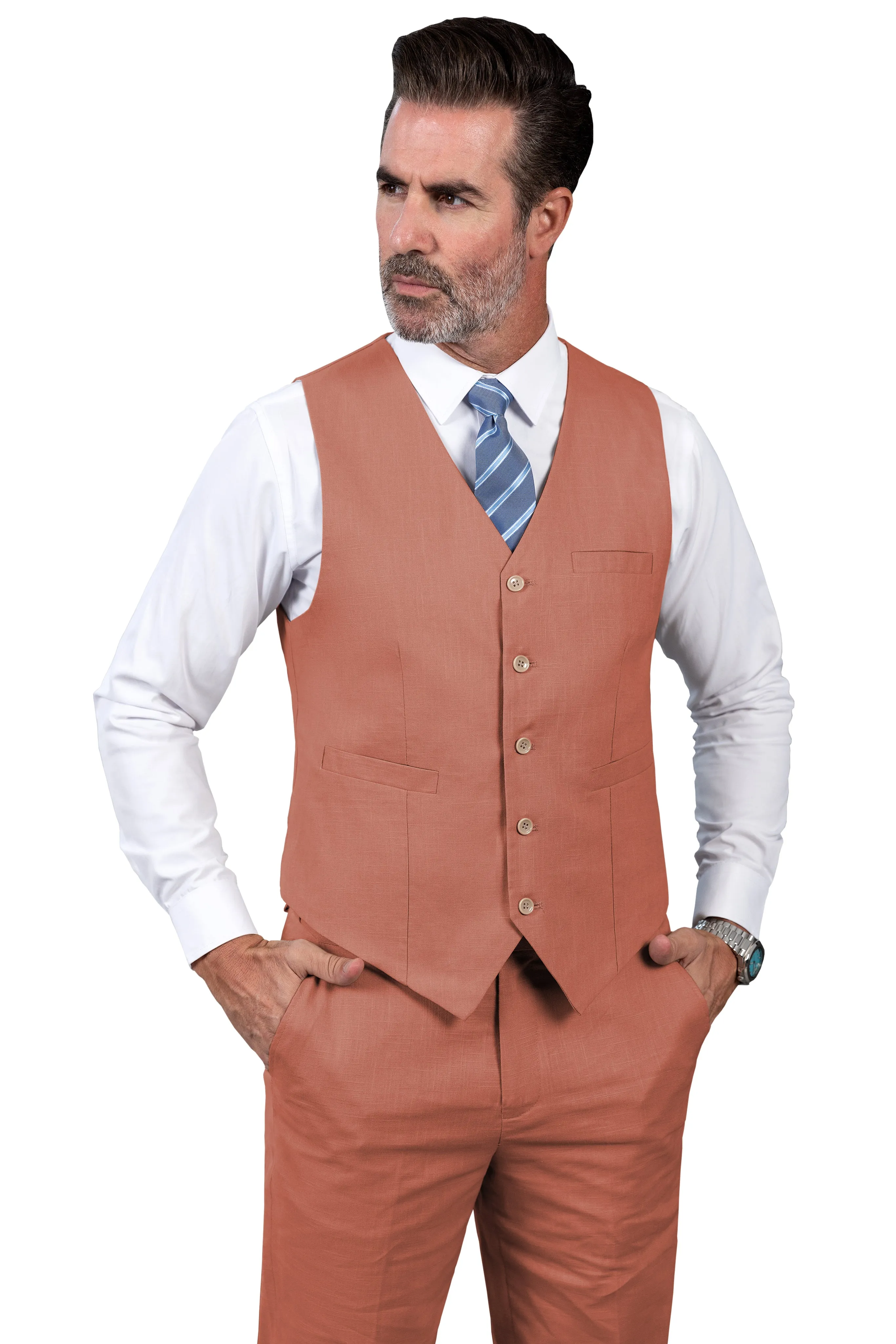 Formal 2 Pieces Mens Suit Flat Linen V Neck Suit(Vest Pants)