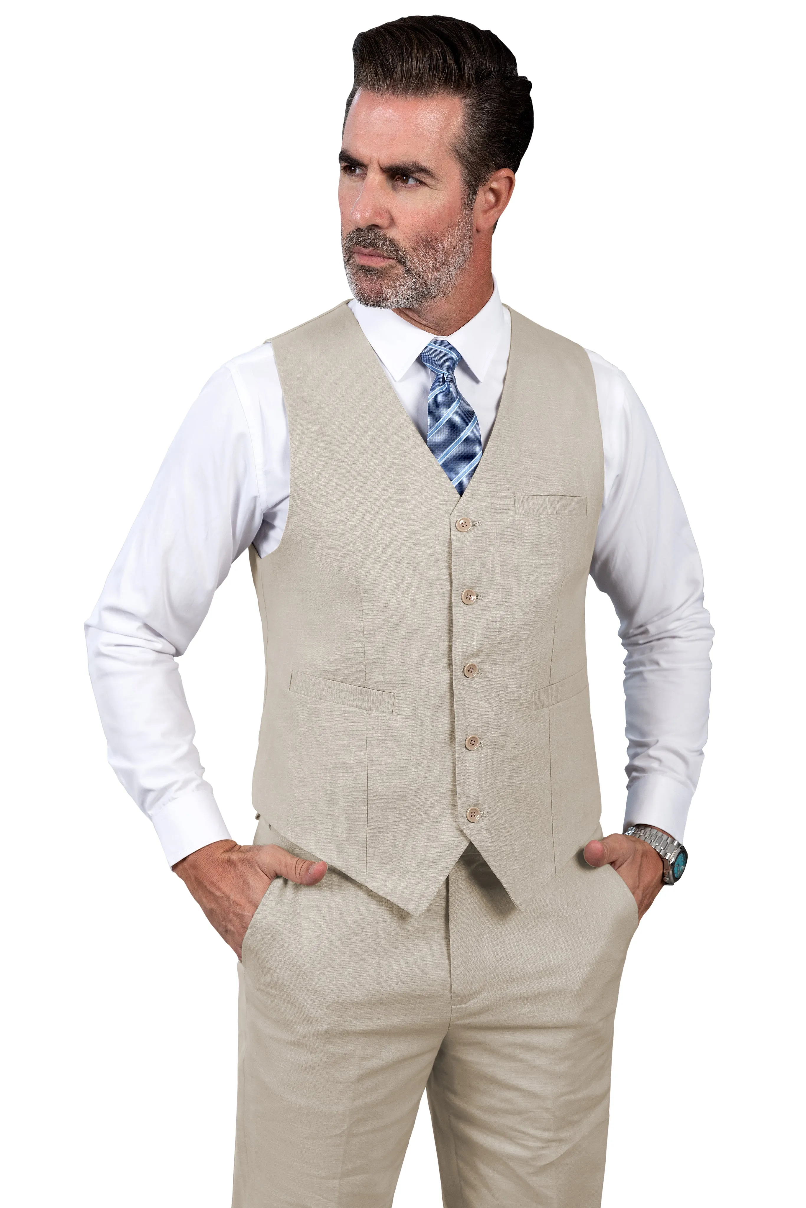 Formal 2 Pieces Mens Suit Flat Linen V Neck Suit(Vest Pants)