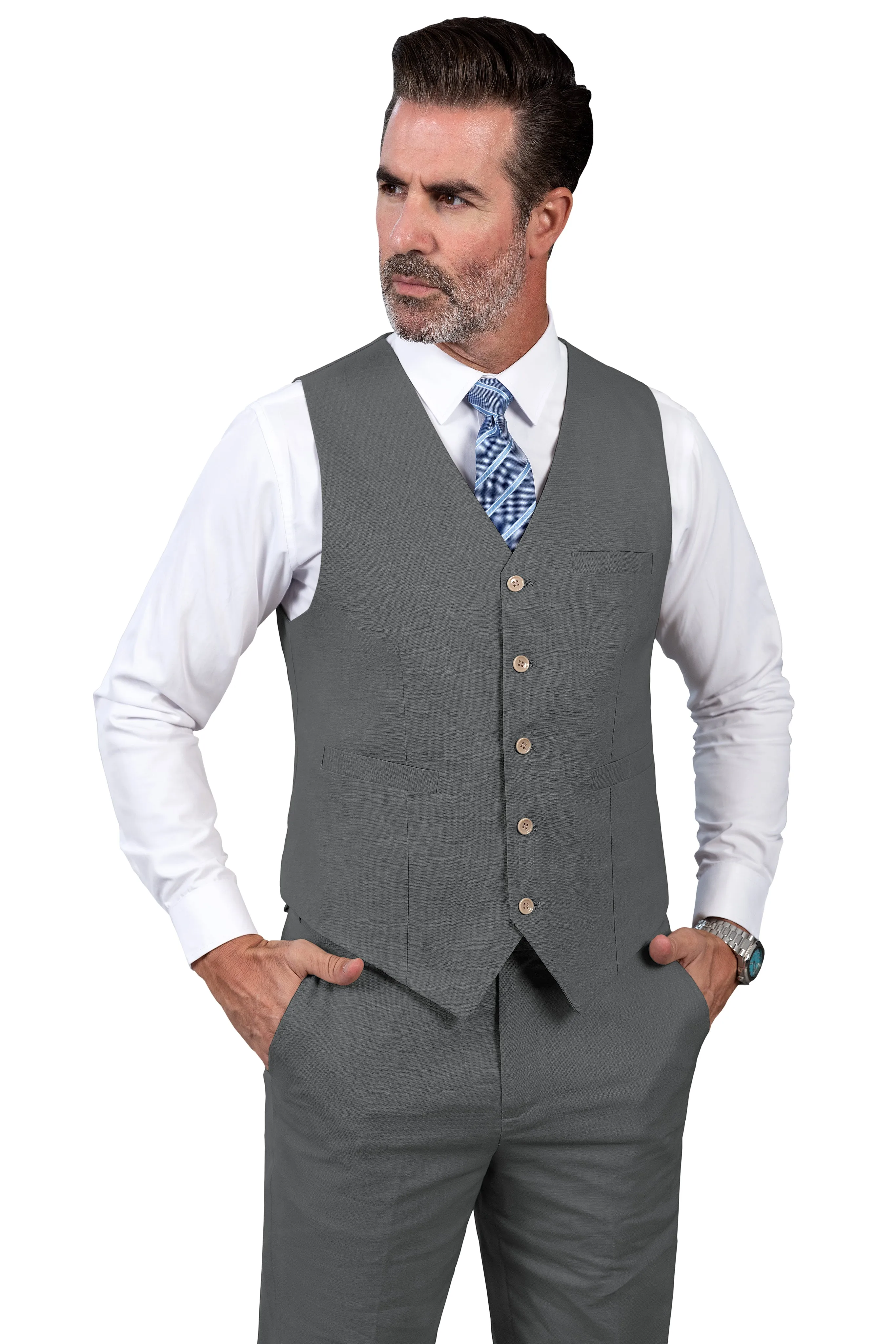 Formal 2 Pieces Mens Suit Flat Linen V Neck Suit(Vest Pants)