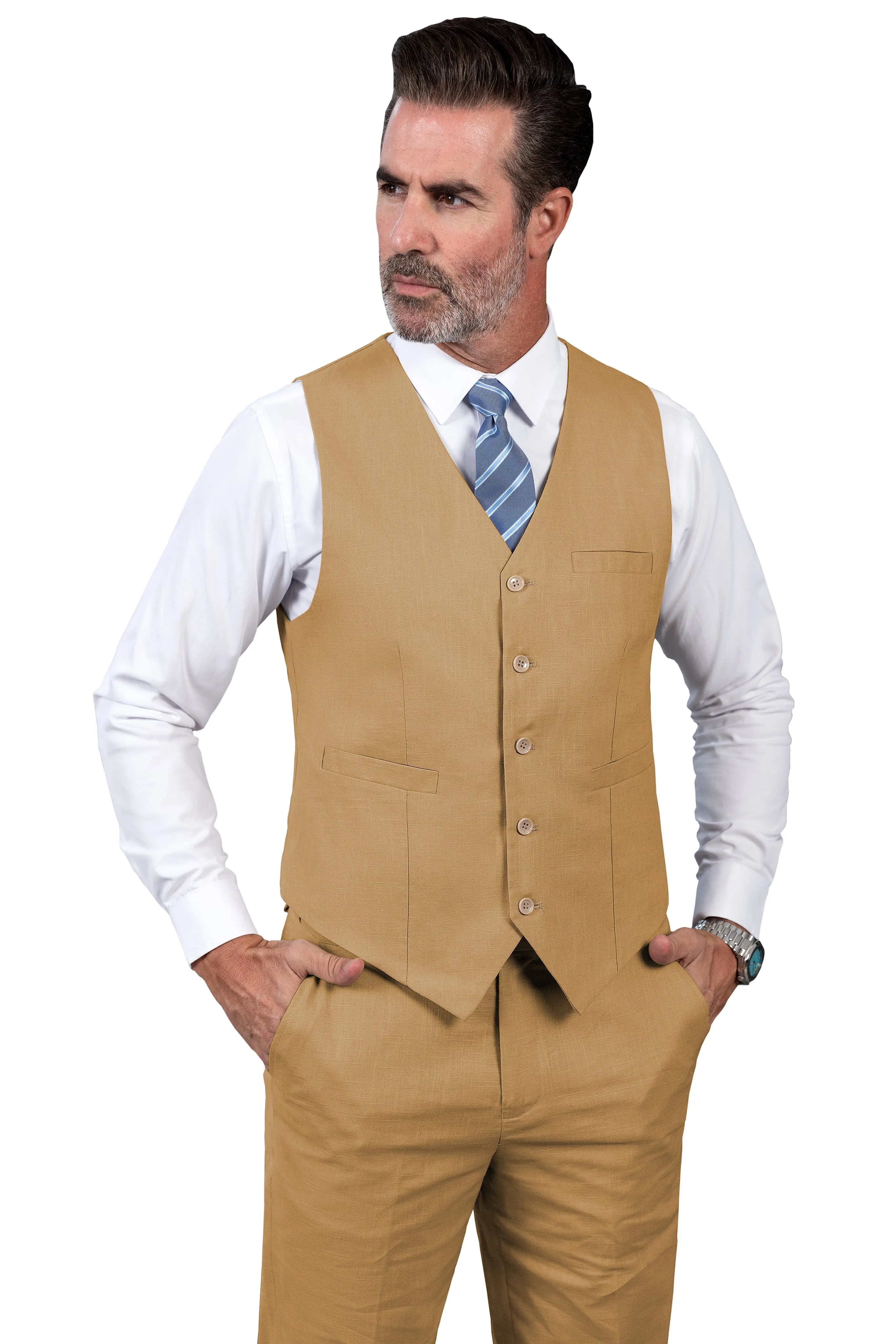 Formal 2 Pieces Mens Suit Flat Linen V Neck Suit(Vest Pants)