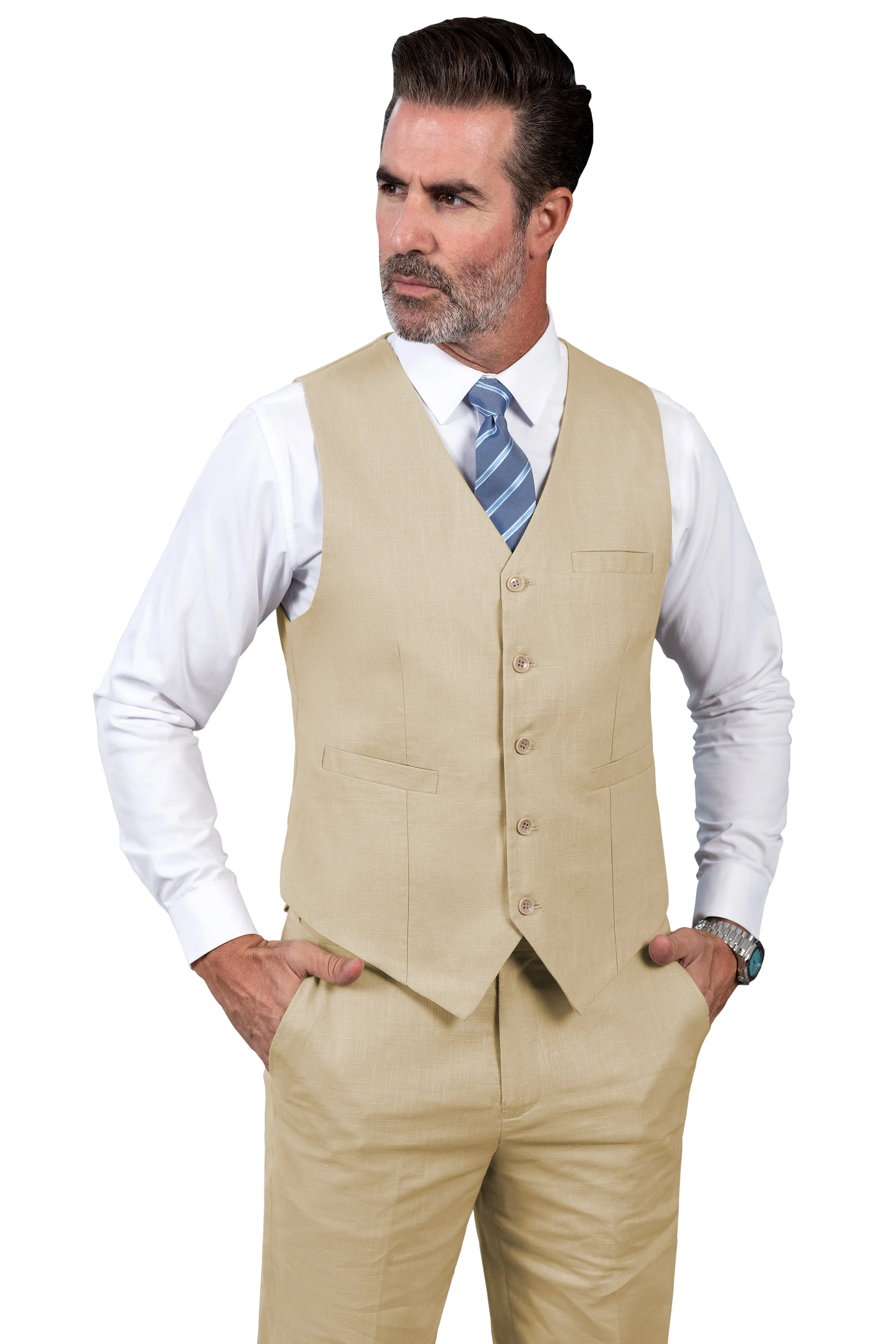 Formal 2 Pieces Mens Suit Flat Linen V Neck Suit(Vest Pants)