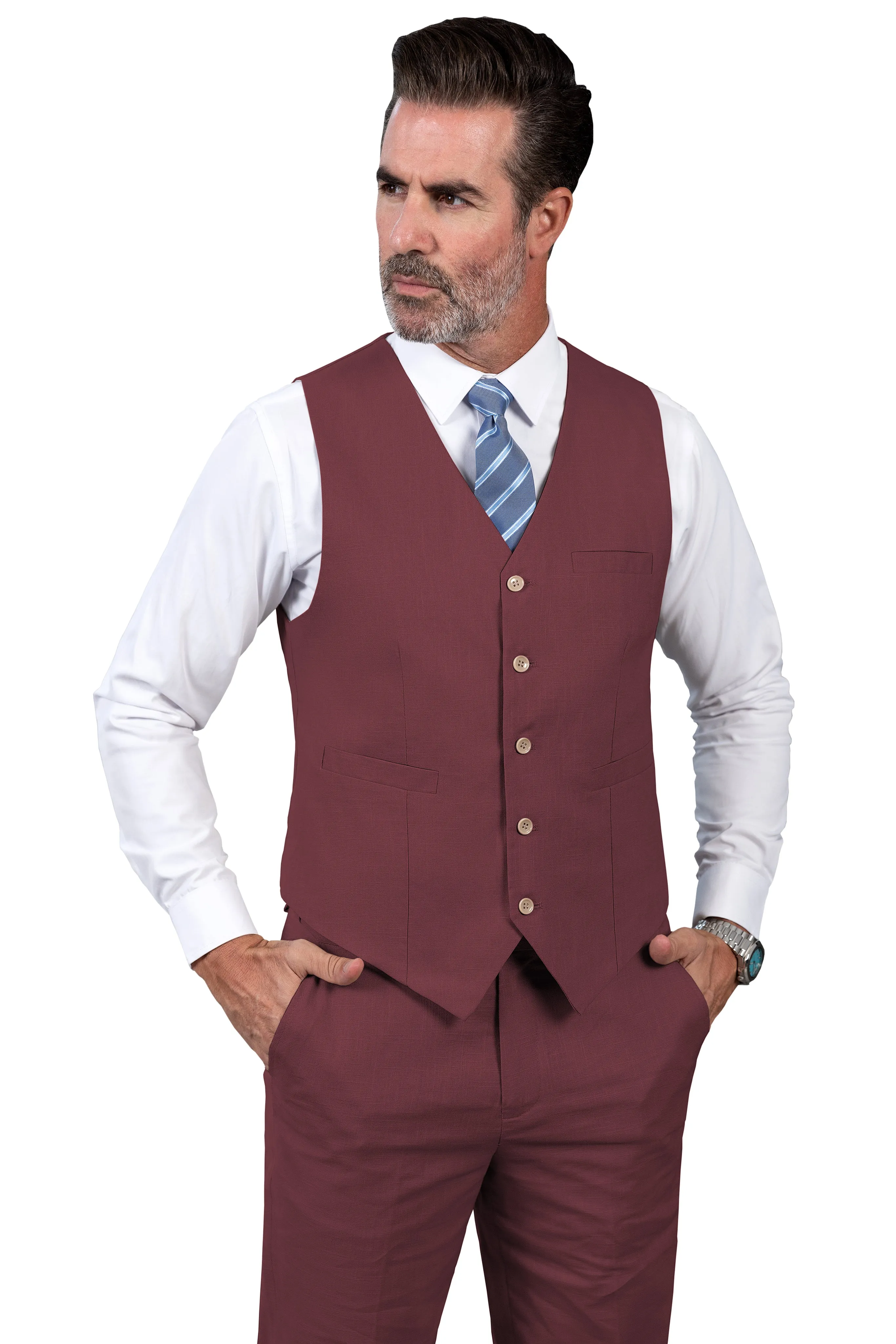 Formal 2 Pieces Mens Suit Flat Linen V Neck Suit(Vest Pants)