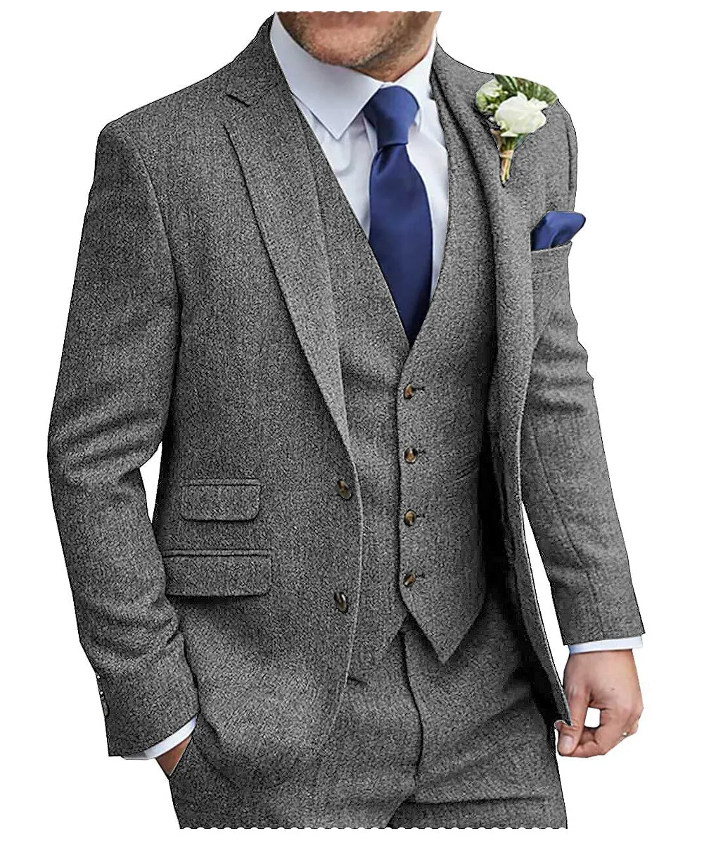 Formal Men's 3 Pieces Suit Tweed Notch Lapel Tuxedos (Blazer vest Pants)