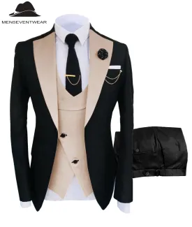 Formal Men's Suits Slim Fit 3 Pieces Notch Lapel Tuxedos (Blazer Vest Black Pant)