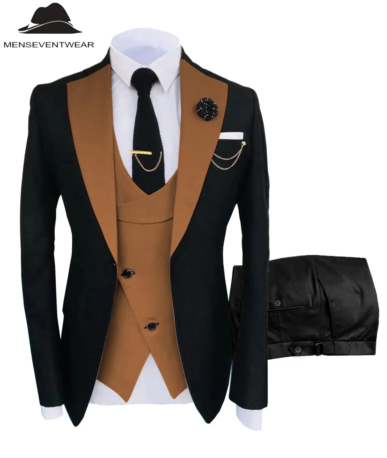 Formal Men's Suits Slim Fit 3 Pieces Notch Lapel Tuxedos (Blazer Vest Black Pant)