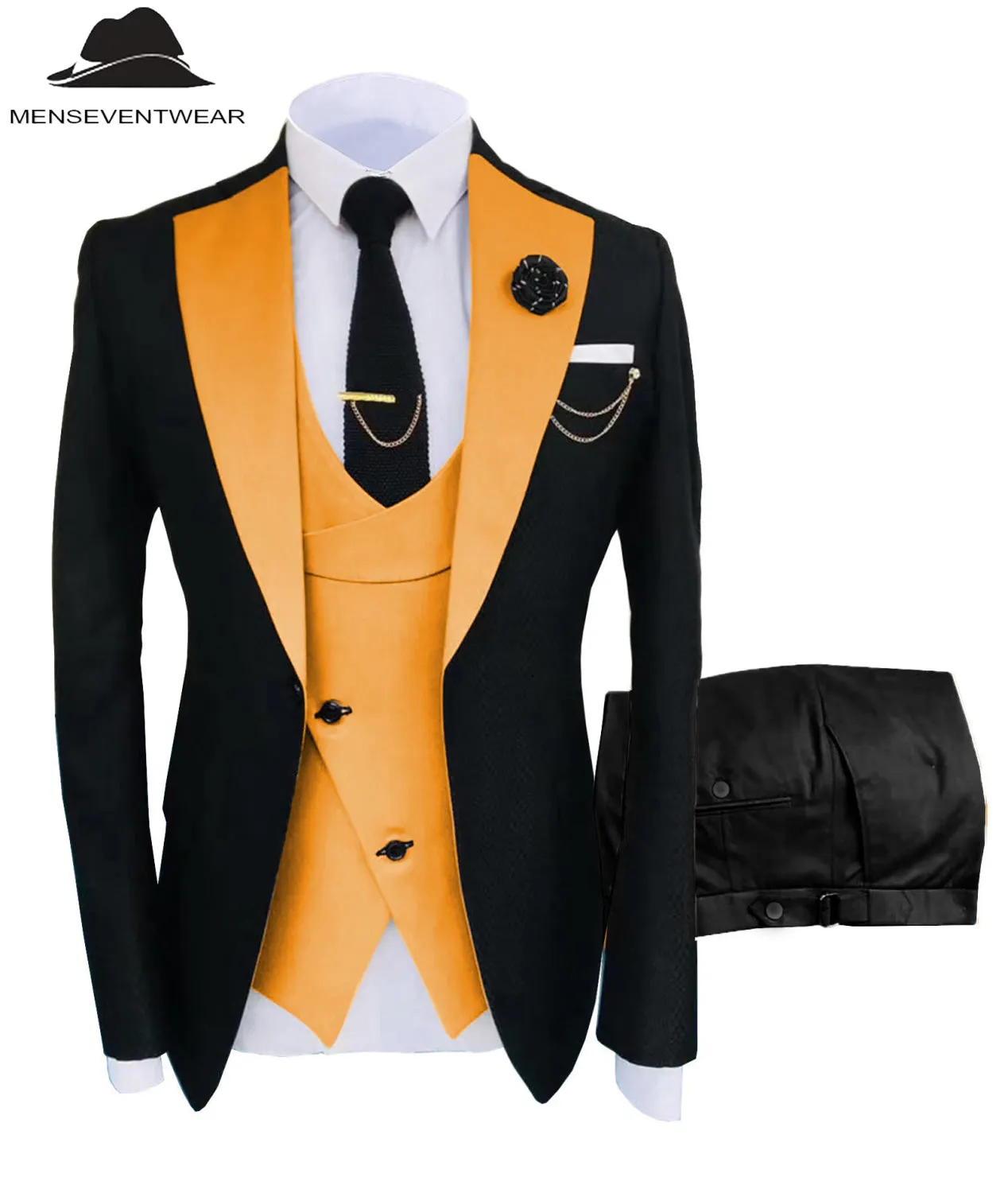 Formal Men's Suits Slim Fit 3 Pieces Notch Lapel Tuxedos (Blazer Vest Black Pant)