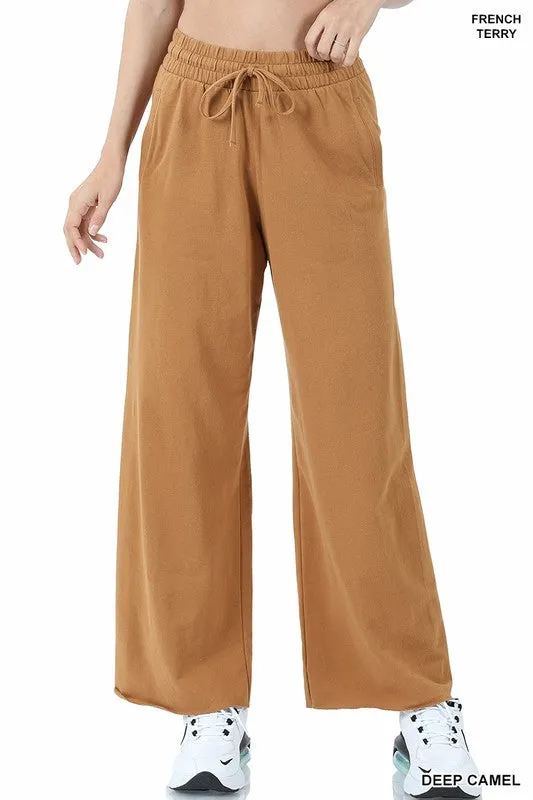 FRENCH TERRY DRAWSTRING WAIST RAW EDGE HEM PANTS