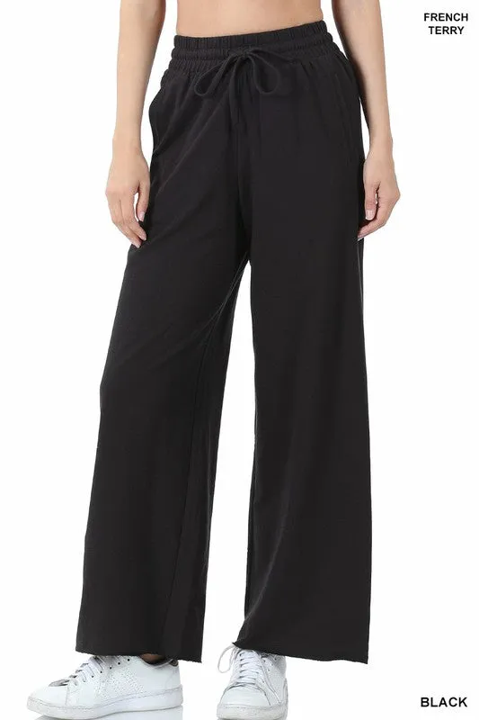 FRENCH TERRY DRAWSTRING WAIST RAW EDGE HEM PANTS