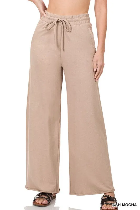 FRENCH TERRY DRAWSTRING WAIST RAW EDGE HEM PANTS