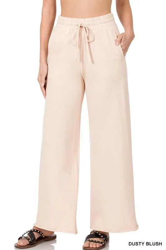 FRENCH TERRY DRAWSTRING WAIST RAW EDGE HEM PANTS