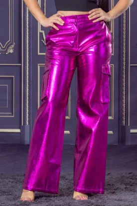 Fuchsia Metallic Faux-Leather Flap Side Pocket Cargo Pants