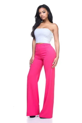 Fuchsia Solid, Full Length Pants In A Flare Style With A High Waist, And Wide Legs