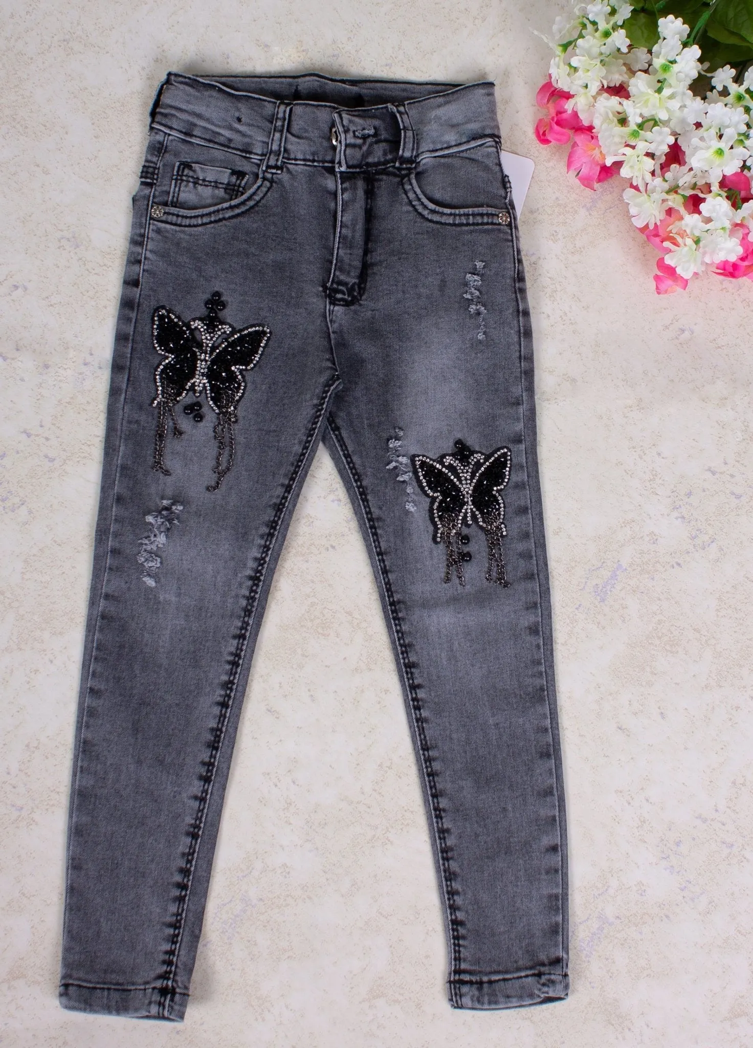 Girls'  Gray Butterfly Jeans