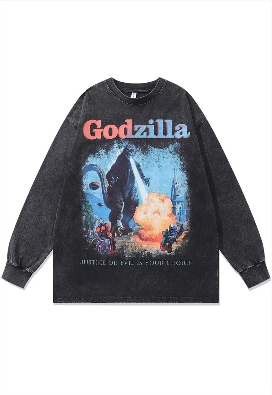 Godzilla t-shirt vintage wash dragon print top long tee grey