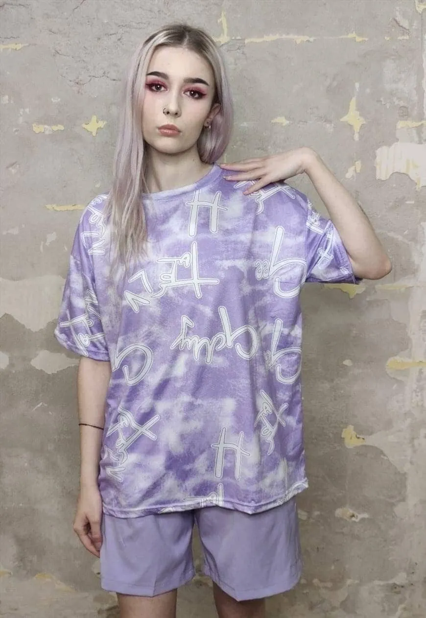 Graffiti print t-shirt multi slogan tee in purple