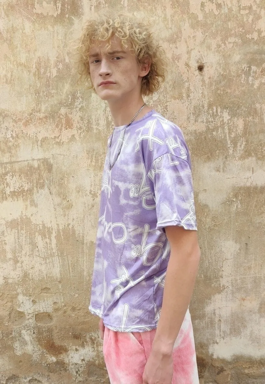 Graffiti print t-shirt multi slogan tee in purple