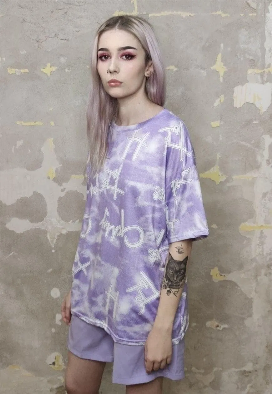 Graffiti print t-shirt multi slogan tee in purple