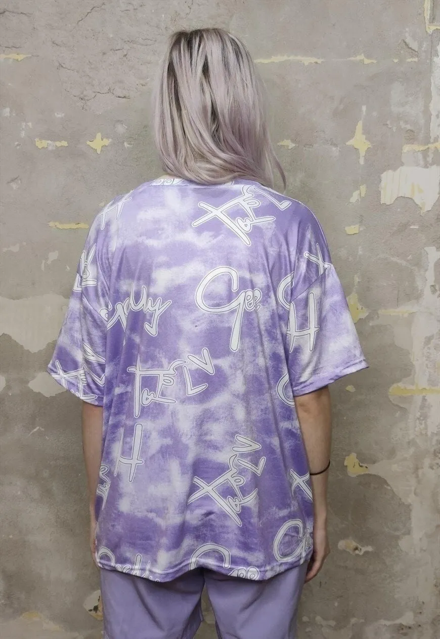 Graffiti print t-shirt multi slogan tee in purple