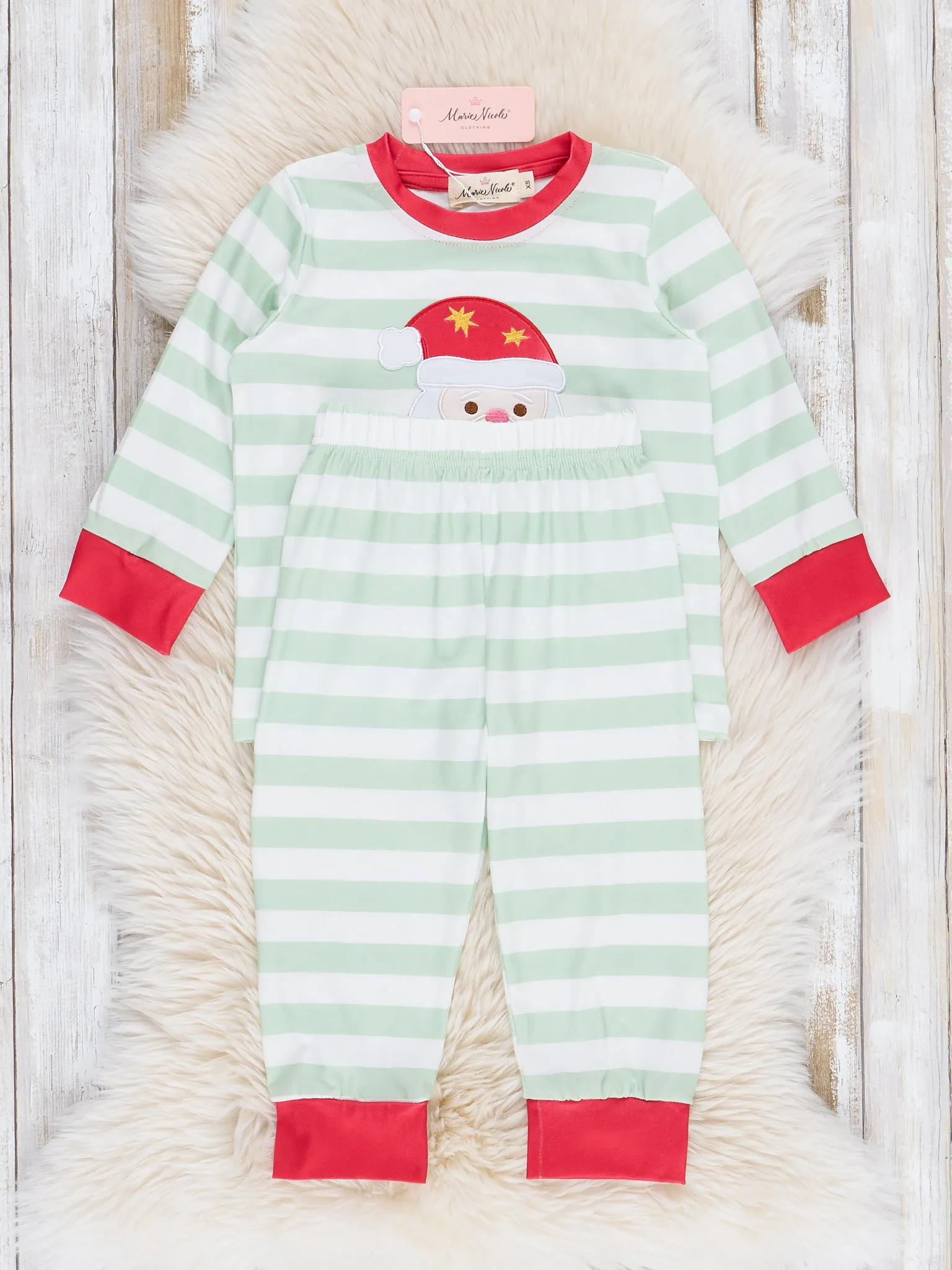 Green Stripes Embroidered Santa Pajamas